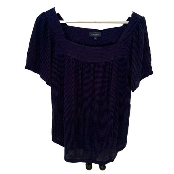 Lucky Brand Size: Small Square Neck Navy Blue Stripe Top, Semi-Sheer Blouse - Picture 1 of 8